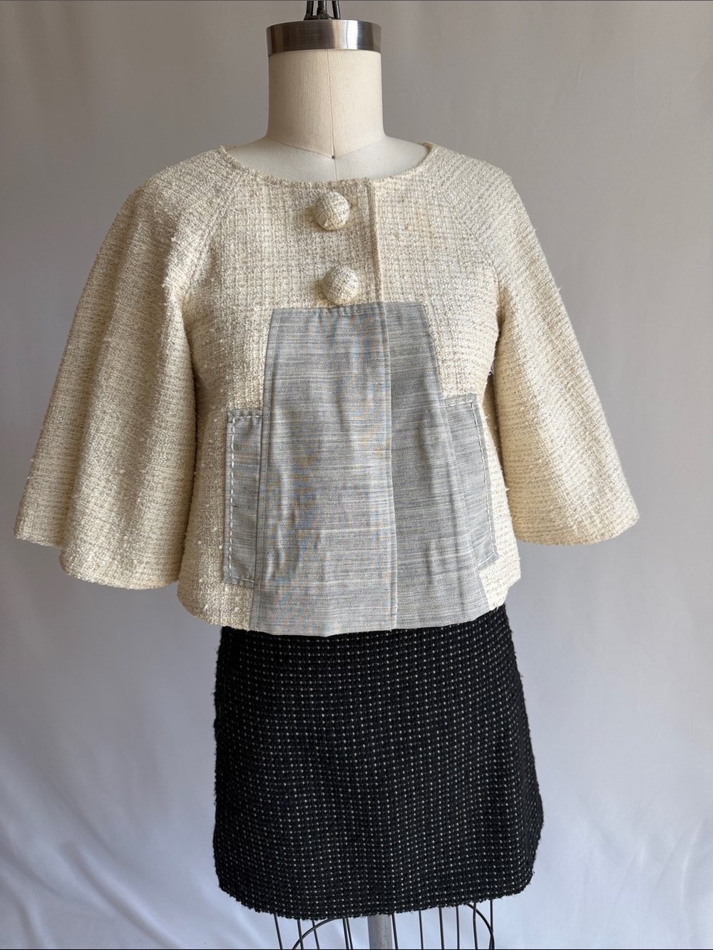 Cream Bouclé Short Jacket with Contrasting Gray Front Panel - Women